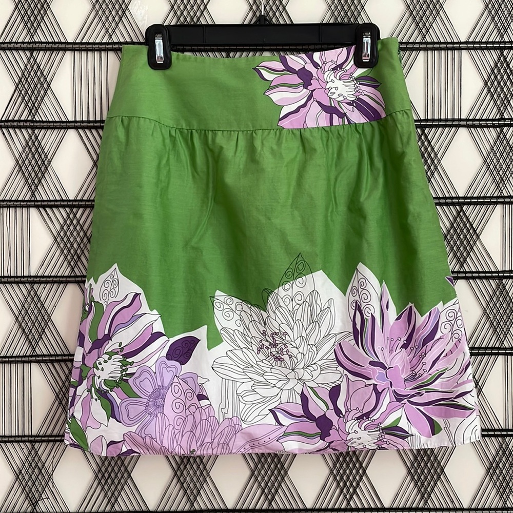 Ann Taylor Loft Retro Print Purple Green mini Skirt cotton